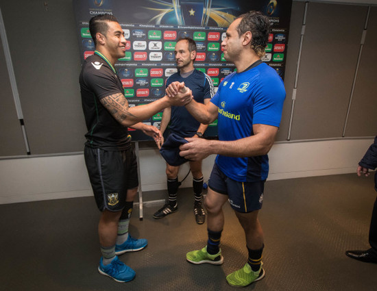 Isa Nacewa and George Pisi with Referee Romain Poite at the coin toss