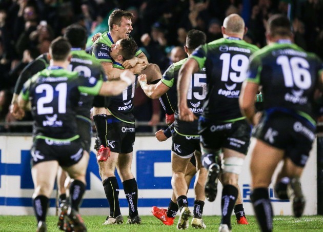Jack Carty celebrates a conversion that wins Connacht the game with his teammates