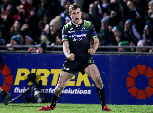 Jack Carty celebrates a conversion that wins Connacht the game