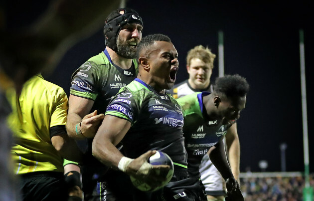 Naulia Dawai celebrates scoring a late try with John Muldoon