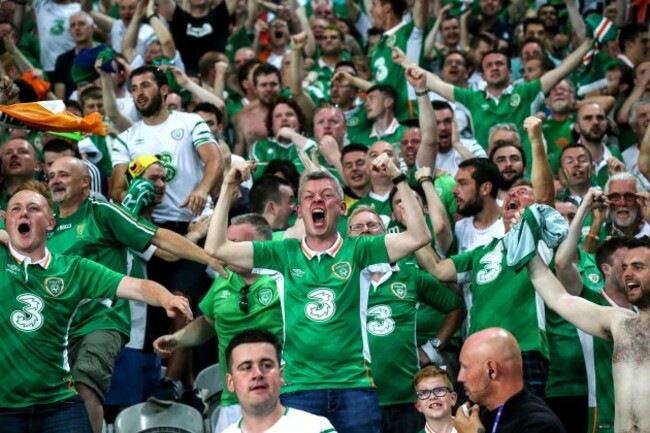 Ireland fans celebrate Robbie Brady's goal