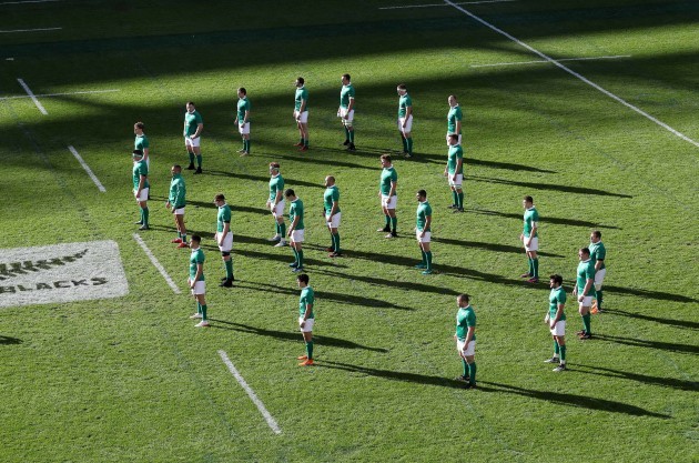 Ireland team face the Haka in a shape of eight in memory of Anthony Foley of Munster