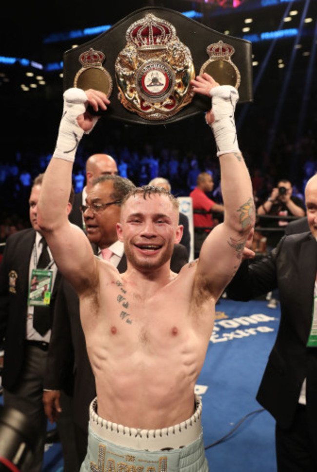 Carl Frampton celebrates after defeating Leo Santa Cruz