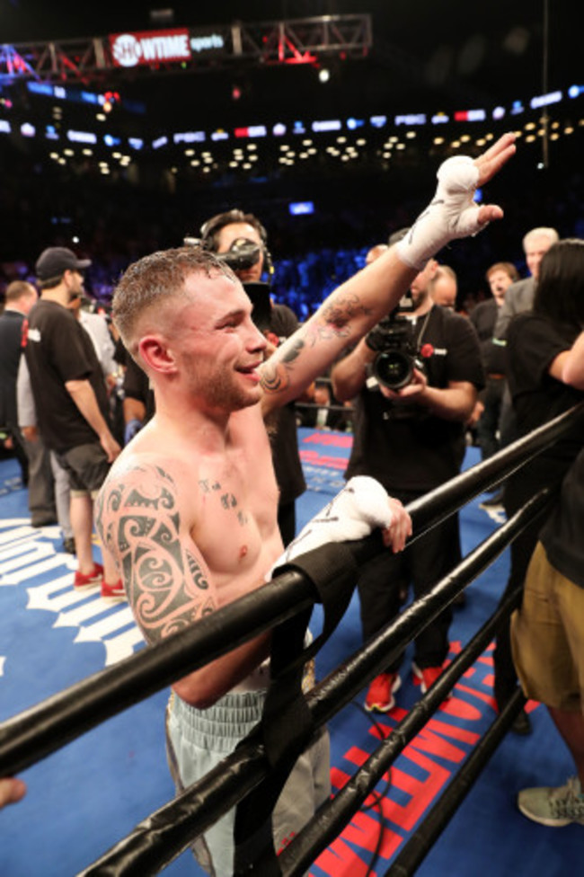 Carl Frampton celebrates after his fightt with Leo Santa Cruz