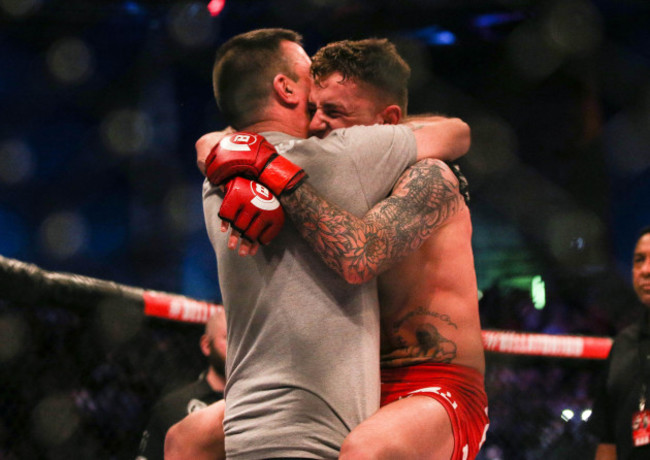 James Gallagher celebrates his victory with his father