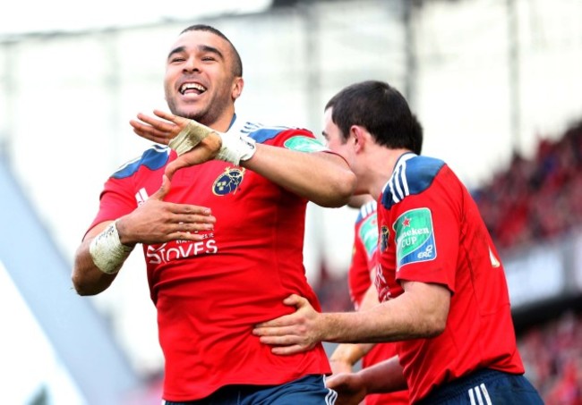 Simon Zebo celebrates his try with Felix Jones