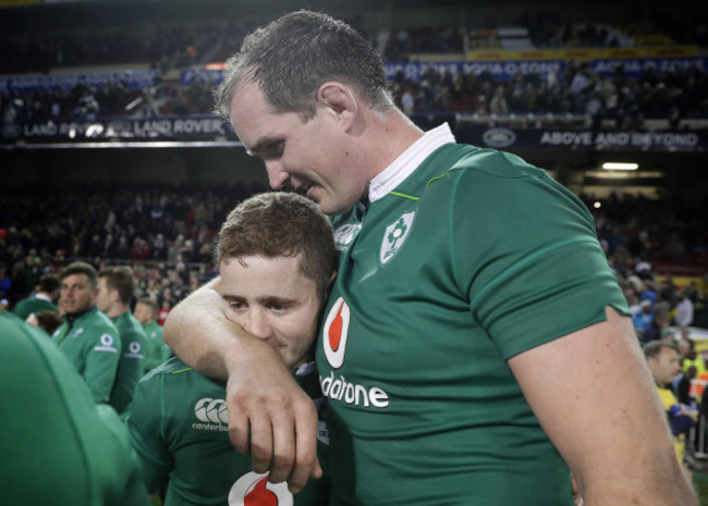 Paddy Jackson celebrates after the match with Devin Toner