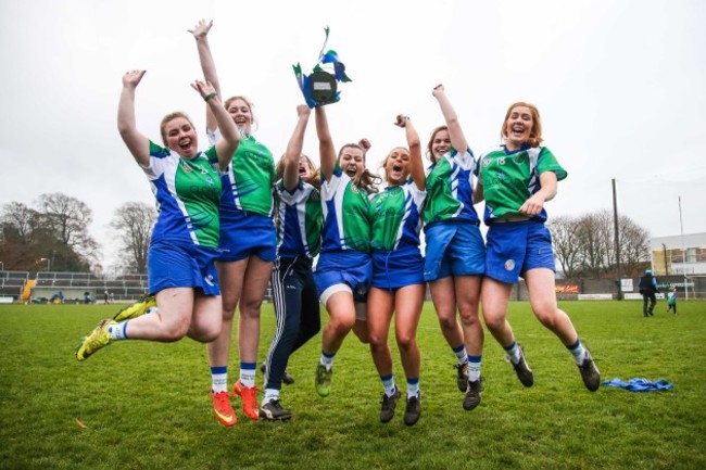 Chloe Doyle, Natasha Farrell, Aine O'Neill, Erin McEvoy, Laura Newman, Sally Morrin and Leanne Holton celebrate after the game