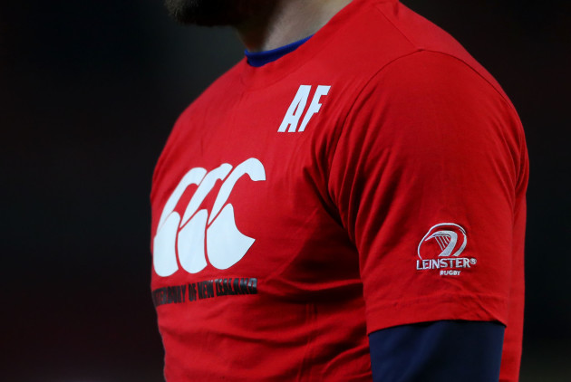 A view of Leinster's warm up t-shirt paying tribute to Anthony Foley
