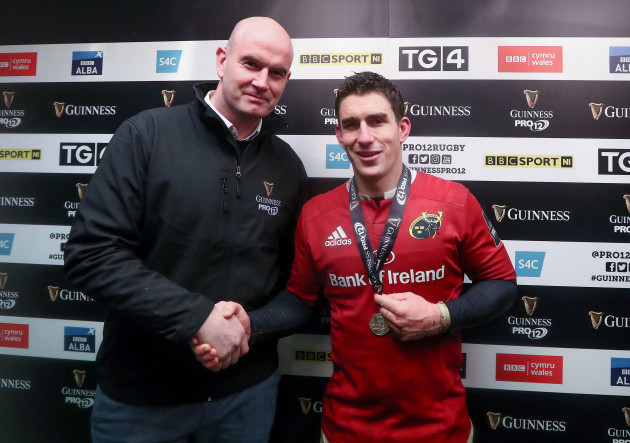 Ian Keatley is presented with the Guinness PRO12 Man of the Match award by Ray Sheehan