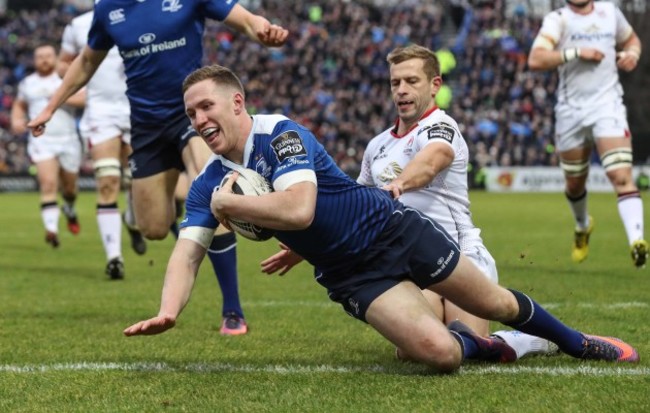 Rory O&rsquo;Loughlin scores a try despite Paul Marshall