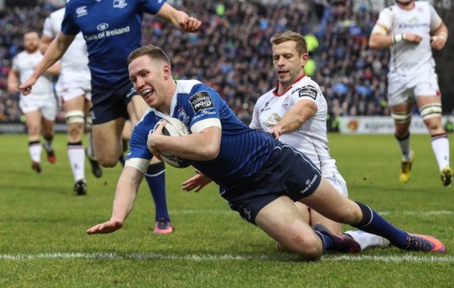 Rory O’Loughlin scores a try despite Paul Marshall