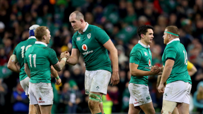 Keith Earls celebrates with Devin Toner