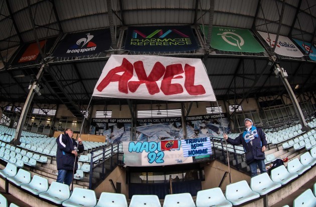 Racing 92 fans hold up a banner for the late Anthony Foley in the Stade Yves-du-Manoir before the ground opens
