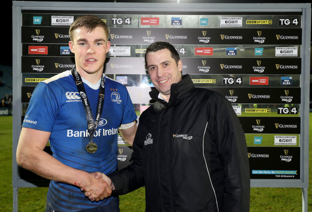 Garry Ringrose receives the Guinness PRO12 man of the match medal from Will Keating