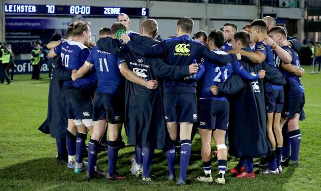 Leinster team huddle after the game