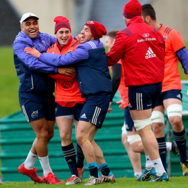 Francis Saili, Ronan O'Mahony and Dan Goggin celebrate