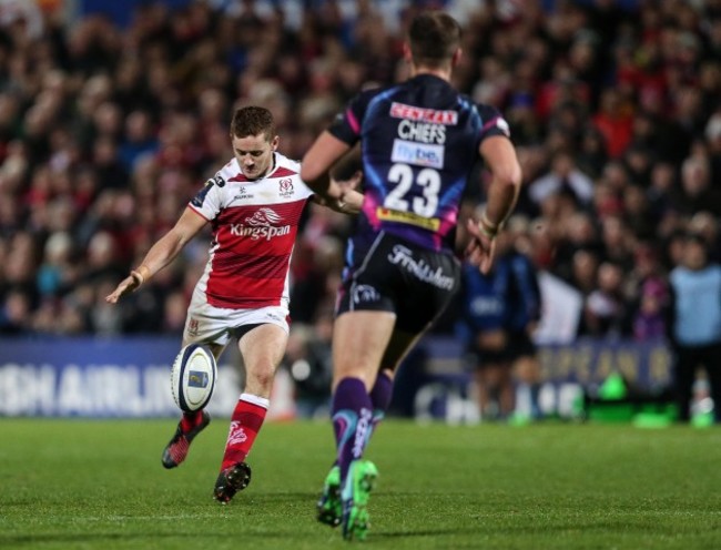 Paddy Jackson kicks a drop goal to win the game