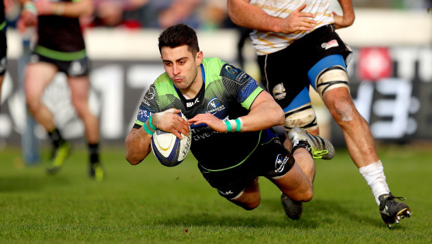 Tiernan O’Halloran scores his sides eighth try