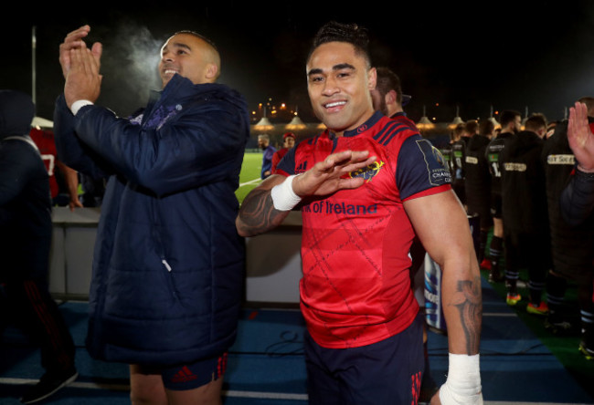 Simon Zebo and Francis Saili celebrate after the match