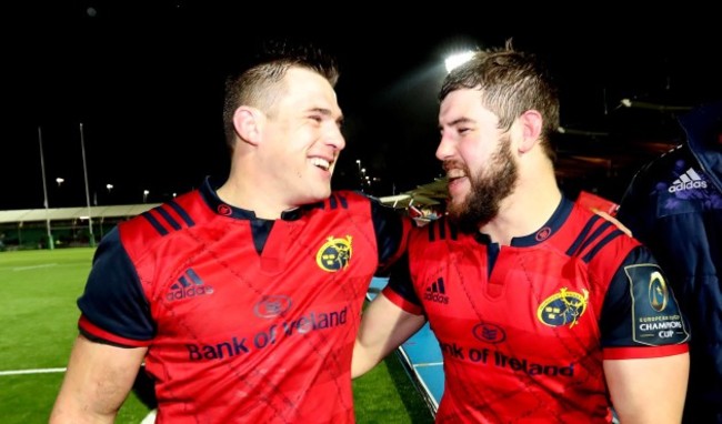 Munster&rsquo;s CJ Stander  and Rhys Marshall celebrate after the match