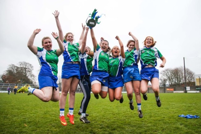 Chloe Doyle, Natasha Farrell, Aine O'Neill, Erin McEvoy, Laura Newman, Sally Morrin and Leanne Holton celebrate after the game