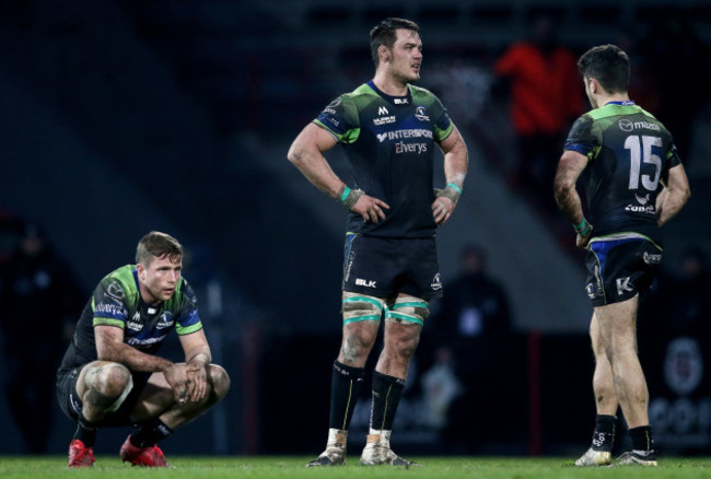 Jack Carty, Quinn Roux and Tiernan O’Halloran dejected after the game 22/1//2017