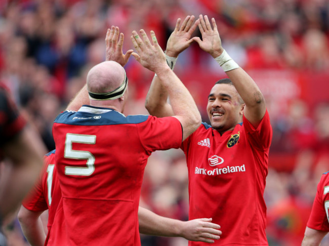 Paul O'Connell celebrates with Simon Zebo