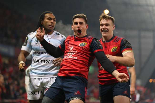 Ian Keatley celebrates scoring a try with Rory Scannell