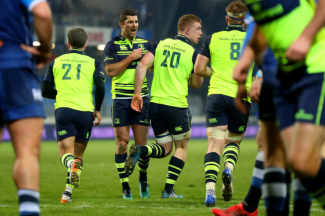 Rob Kearney celebrates with try scorer Dan Leavy