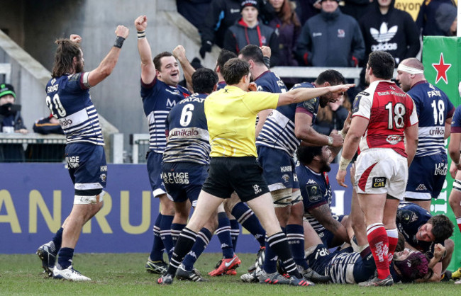 Bordeaux-Begles players celebrate at the final whistle