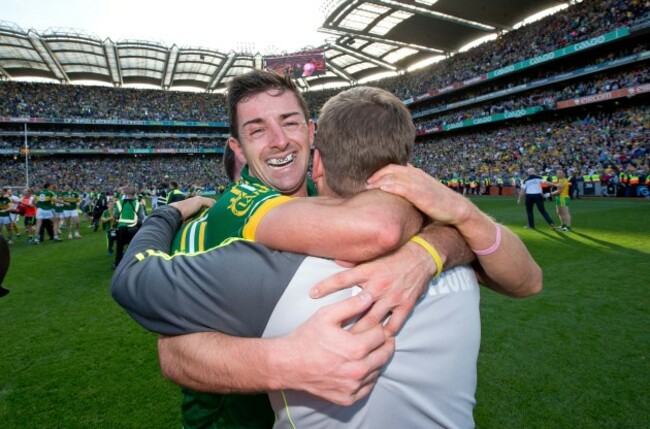 Eamonn Fitzmaurice celebrates with Declan O'Sullivan, Aidan O'Mahony and Barry John Keane