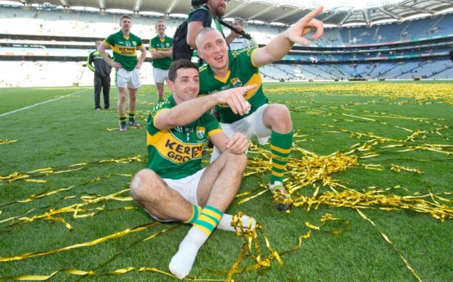 Kerry's Aidan O'Mahony and Kieran Donaghy celebrate on the pitch