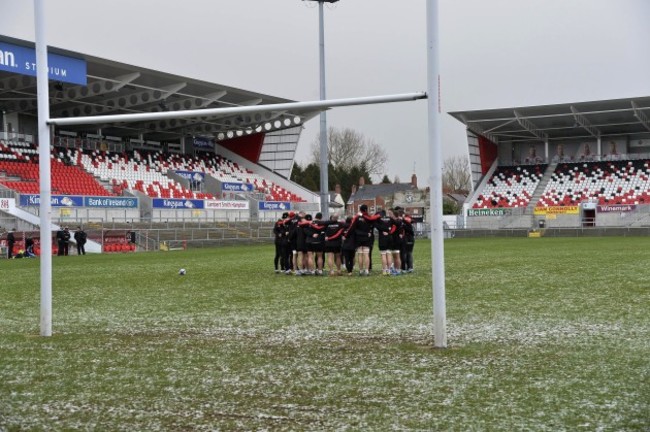 The Ulster players huddle during training at Kingspan Stadium