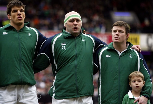 Donncha O'Callaghan, John Hayes, Brian O'Driscoll and the Irish mascot during the National Anthem