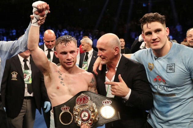 Carl Frampton, Barry McGuigan and Shane McGuigan celebrate