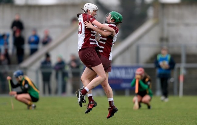 Josie McMullan and Siobhan McKaigue celebrate at the final whistle