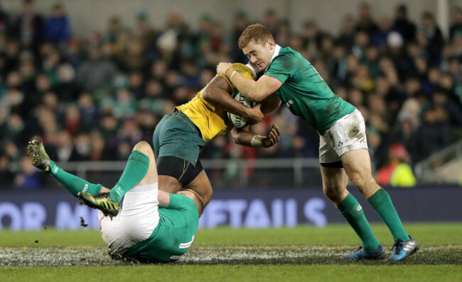 Keith Earls and Paddy Jackson with Tevita Kuridrani