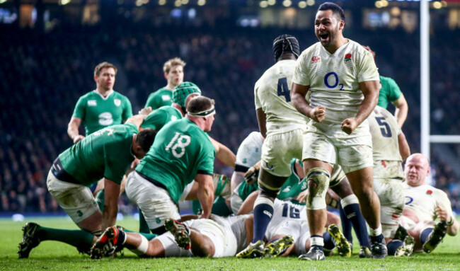 Billy Vunipola celebrates after his side won a late penalty