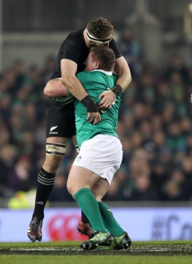Ireland&rsquo;s Tadhg Furlong runs into New Zealand All Blacks Kieran Read