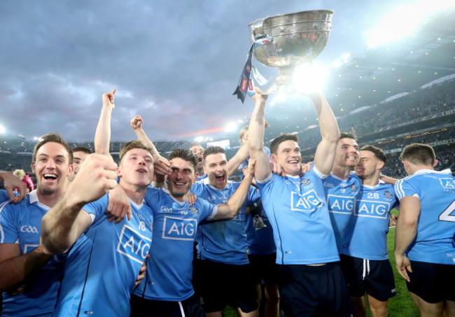 Dublin celebrate with the trophy after the game