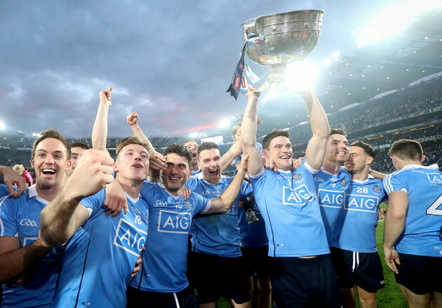 Dublin celebrate with the trophy after the game