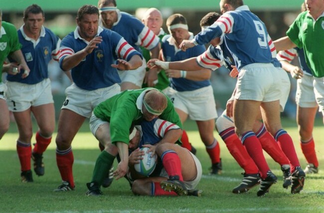 Olivier Merle is tackled by Terry Kingston
