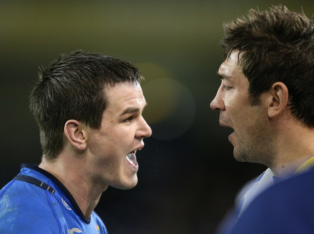 Leinster's Jonathan Sexton arguers with Clermont's Nathan Hines