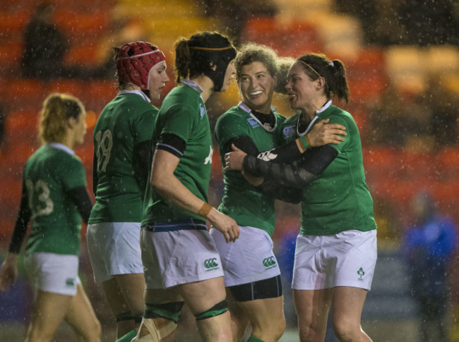 Jenny Murphy celebrates scoring the winning try