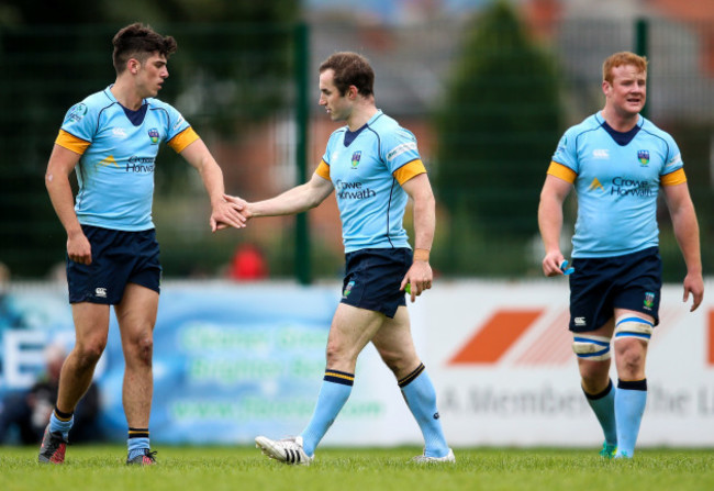 Tom Fletcher of UCD celebrates scoring a try with Jimmy O’Brien