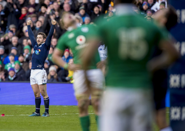 Greig Laidlaw celebrates after kicking a penalty to win the game