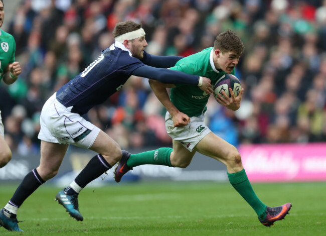 Ireland&rsquo;s Garry Ringrose is tackled by Scotland&rsquo;s Finn Russell