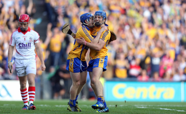 Shane O'Donnell celebrates scoring his second goal with Padraic Collins