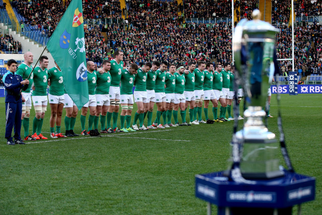 The Ireland team stand for the National Anthem